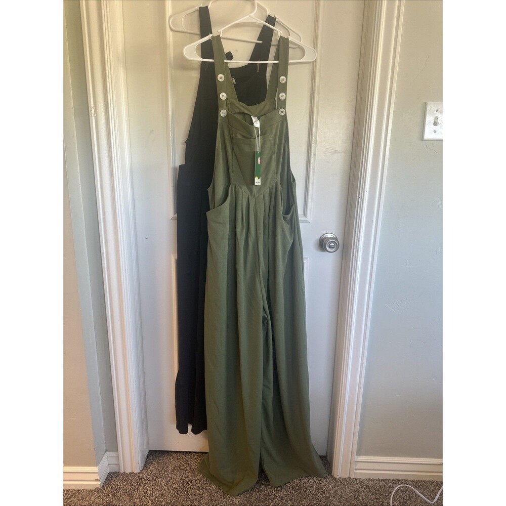 Halara NWT 2 Pairs Large Tall Waffle Green Black Work Overalls Jumpsuit Romper